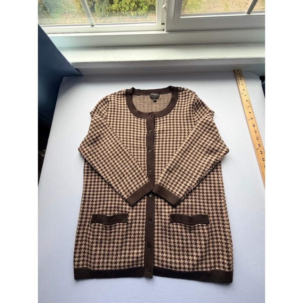 VTG Classic Talbots Woman Brown Houndstooth Merino Wool Cardigan Sweater Size X